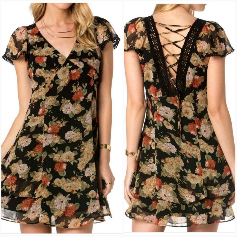 Miss Me Enchanted Black Floral Lace up Dress Size S